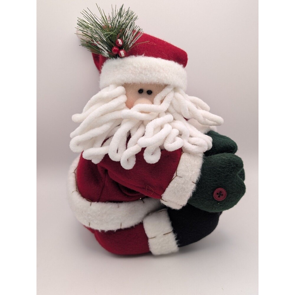 Vintage Plush Sitting Santa Claus Figurine Mop Yarn Beard Christmas Decor Felt